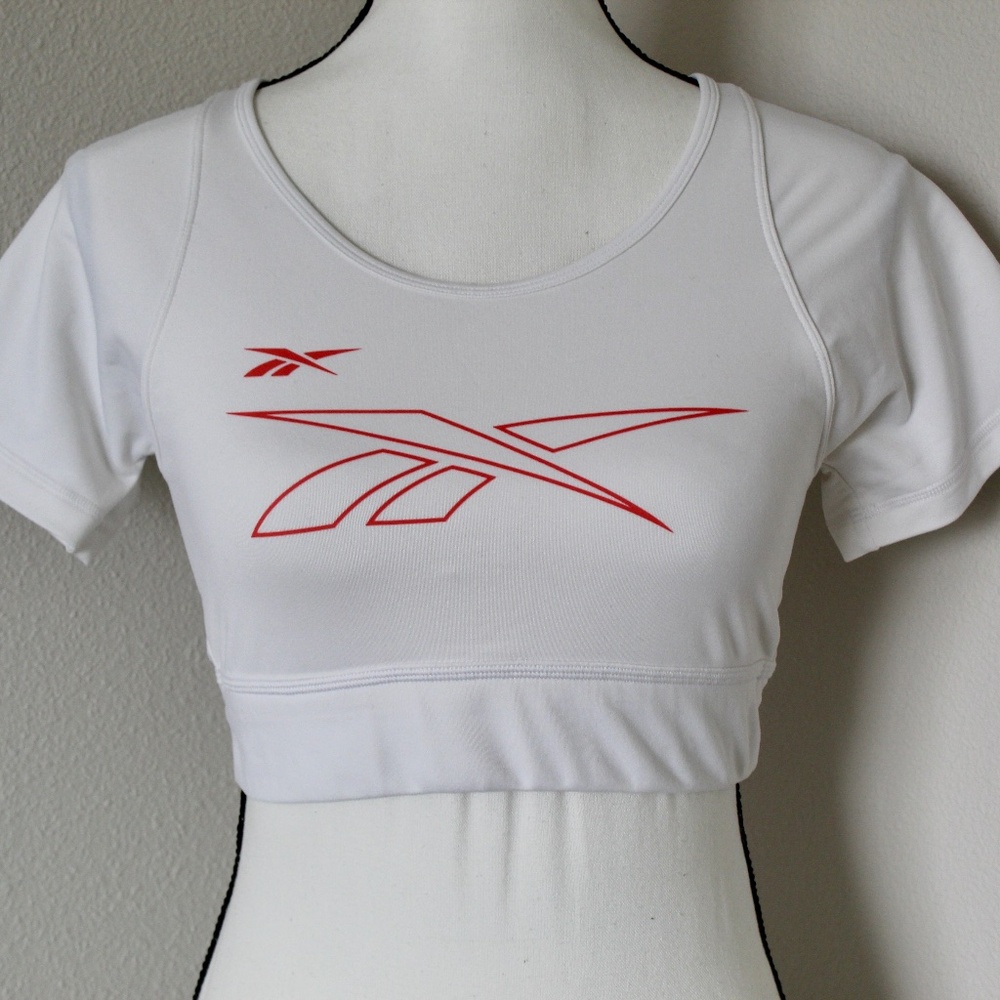 White & Neon Pink Reebok Logo Cropped Short Sleeve Athletic Top